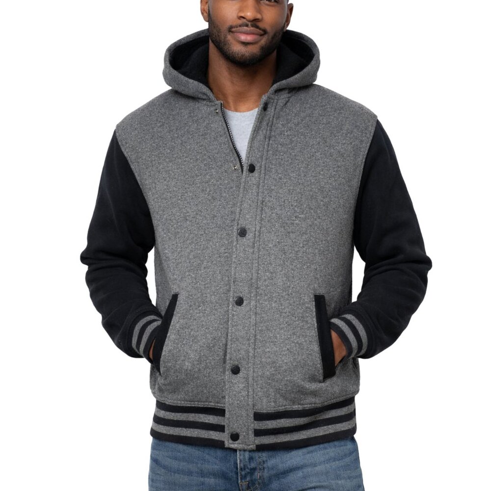 Tony Hawk Varsity Jacket Mens Small Grey Black Hooded Sherpa Lined Snap Zip